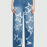 ROMWE Street Life Jeans De Mujer Rectos De Color Azul Claro Con Estampado De Estrellas