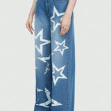 ROMWE Street Life Jeans De Mujer Rectos De Color Azul Claro Con Estampado De Estrellas