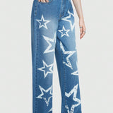 ROMWE Street Life Jeans De Mujer Rectos De Color Azul Claro Con Estampado De Estrellas