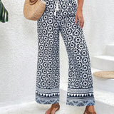 VCAY Pantalones De Cintura Con Lazo Y Flecos Con Estampado Floral Para Mujer