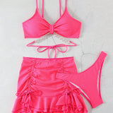 DAZY Conjunto De Bikini De Color Solido Con Cordones Decorados Con Pedreria, Ideal Para San Valentin