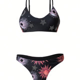 Swim Traje De Bano De Dos Piezas Con Decoracion De Diamantes De Imitacion Impresa Con Sol Y Luna, Carnaval