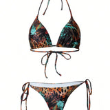 Swim Vcay Bikini De Bano Para Mujer Con Escote Halter, Estampado Completo Con Lazo Para Ajuste. (impresion Aleatoria)