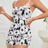 Conjunto De Pijama Estampado De Panda Con Caricaturas De Mujeres