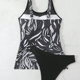 Swim Tankini de malla de contraste con estampado grafico