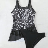 Swim Tankini de malla de contraste con estampado grafico