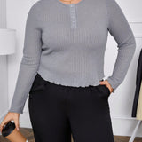 Essnce Plus Size Women's New Waffle Texture Fabric Button Half Placket Spring Long-Sleeved T-Shirt