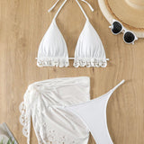 Swim Conjunto De Bikini De Copa Triangular Con Detalles Calados + Falda De Playa Con Cordon Para Boda