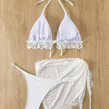 Swim Conjunto De Bikini De Copa Triangular Con Detalles Calados + Falda De Playa Con Cordon Para Boda