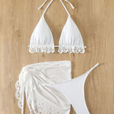 Swim Conjunto De Bikini De Copa Triangular Con Detalles Calados + Falda De Playa Con Cordon Para Boda