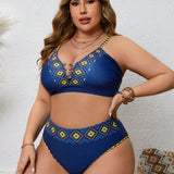 Swim Curve Conjunto de bikini de talla grande con diseno geometrico impreso y detalle calado