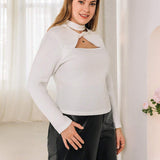 Prive Plus Size Solid Color Twist Knot Hollow Out Long Sleeve T-shirt