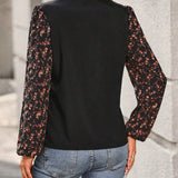 Blusa Con Lazo Y Cuello De Patchwork Floral Pequeno Para Mujer