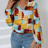 Blusa Con Cuello En V Y Manga Farol Con Estampado De Patchwork Para Mujer