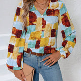 Blusa Con Cuello En V Y Manga Farol Con Estampado De Patchwork Para Mujer