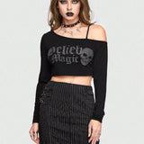 ROMWE Goth Camiseta De Manga Larga De Cuello Asimetrico Con Calavera De Diamantes De Imitacion Y Estampado De Letras