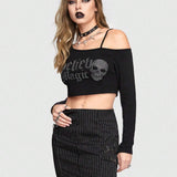 ROMWE Goth Camiseta De Manga Larga De Cuello Asimetrico Con Calavera De Diamantes De Imitacion Y Estampado De Letras