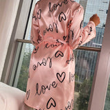 3 piezas Conjunto de pijama con estampado de corazon y letra con cinturon