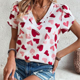 Blusa Con Mangas En Angulo Y Estampado De Corazon Para Mujer