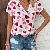 Blusa Con Mangas En Angulo Y Estampado De Corazon Para Mujer