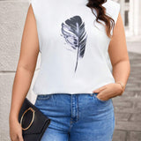 Essnce Plus Size Mock Neck Feather Print Casual T-Shirt