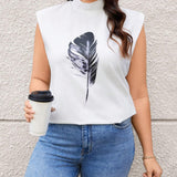 Essnce Plus Size Mock Neck Feather Print Casual T-Shirt