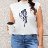 Essnce Plus Size Mock Neck Feather Print Casual T-Shirt