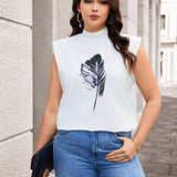 Essnce Plus Size Mock Neck Feather Print Casual T-Shirt