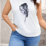 Essnce Plus Size Mock Neck Feather Print Casual T-Shirt