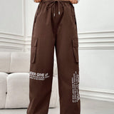 EZwear Pantalones Cargo Con Estampado De Slogan Y Cordon En La Cintura