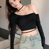 DAZY Camiseta Corta De Mujer Con Escote Asimetrico Y Mangas Largas
