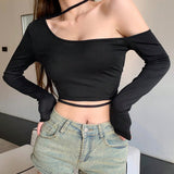 DAZY Camiseta Corta De Mujer Con Escote Asimetrico Y Mangas Largas