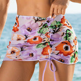 Conjunto De Traje De Bano De Bikini Con Copa Triangular De Color Liso Con Falda De Playa Con Estampado Floral