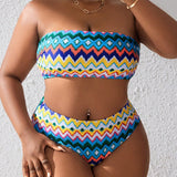 Swim Curve Conjunto de bikini de talla grande en patron geometrico sin tirantes para playa de verano
