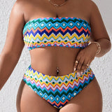 Swim Curve Conjunto de bikini de talla grande en patron geometrico sin tirantes para playa de verano