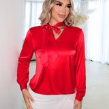 SXY Blusa De Manga Larga Con Cuello De Corbata Satinado Brillante, Ropa De Mujer De Primavera Para Cumpleanos, Dia De San Valentin Y Despedida De Soltera