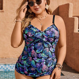 Swim Lushore Bikini Sin Mangas Con Estampado De Plantas De Talla Grande Para Mujer