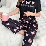 Conjunto De Pijama De Manga Corta Con Estampado De Mariposas Y Corazones Y Pantalones Largos