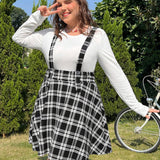 EZwear Plus Size Plaid Suspender Skirt