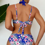 Swim Conjunto de bikini con estampado tropical y cuello halter para carnaval
