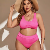 Swim Curve Conjunto De Traje De Bano De Talla Grande Para Mujeres De Un Solo Color Con Volantes