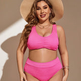 Swim Curve Conjunto De Traje De Bano De Talla Grande Para Mujeres De Un Solo Color Con Volantes