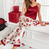 Conjunto De Pijama Para Mujer Con Tirantes Finos Y Estampado Floral En Top Y Pantalones Largos