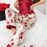 Conjunto De Pijama Para Mujer Con Tirantes Finos Y Estampado Floral En Top Y Pantalones Largos