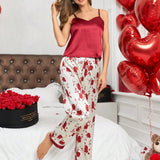 Conjunto De Pijama Para Mujer Con Tirantes Finos Y Estampado Floral En Top Y Pantalones Largos