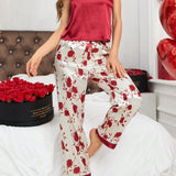 LuxeNights Conjunto De Pijama Para Mujer Con Tirantes Finos Y Estampado Floral En Top Y Pantalones Largos