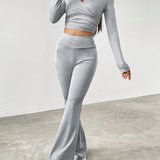 EZwear Conjunto De Mujer V-cuello De Camiseta Corta Y Pantalones Largos Con Pliegues