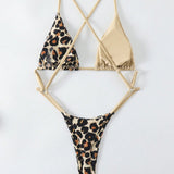 Swim Conjunto De Bikini Con Estampado De Leopardo Compuesto Por Sosten De Triangulo Y Tanga Al Azar
