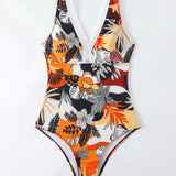 Swim Vcay Traje De Bano De Una Pieza Con Estampado Tropical Y Escote En V Para Mujer, Ideal Para Vacaciones Y Carnavales