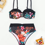 Swim Conjunto De Traje De Bano Para Mujer Con Estampado De Plantas Tropicales, Push Up Y Aro, Carnaval